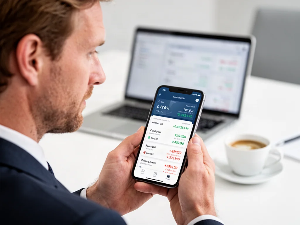 Mężczyzna sprawdza kurs walut w aplikacji na smartfonie, siedząc przy biurku w biurze.
