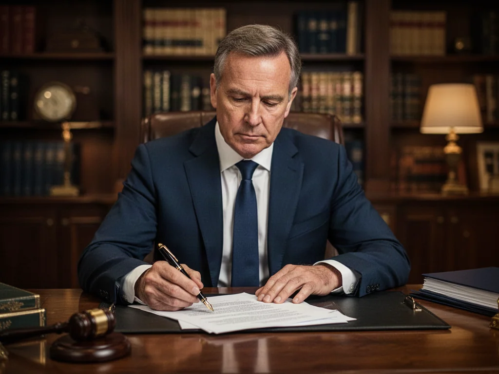 Mężczyzna w średnim wieku analizujący dokumenty prawne przy biurku w profesjonalnym gabinecie.