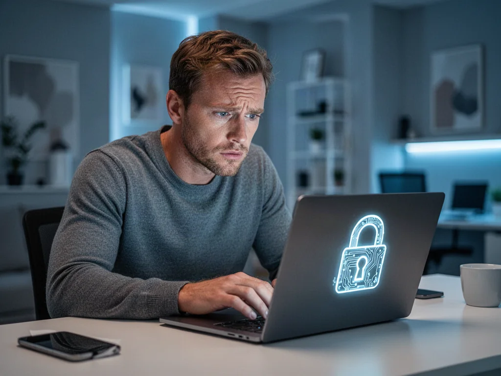 Zaniepokojony mężczyzna patrzący na ekran laptopa z ikoną cyfrowej kłódki, symbolizującą zablokowane konto bankowe.