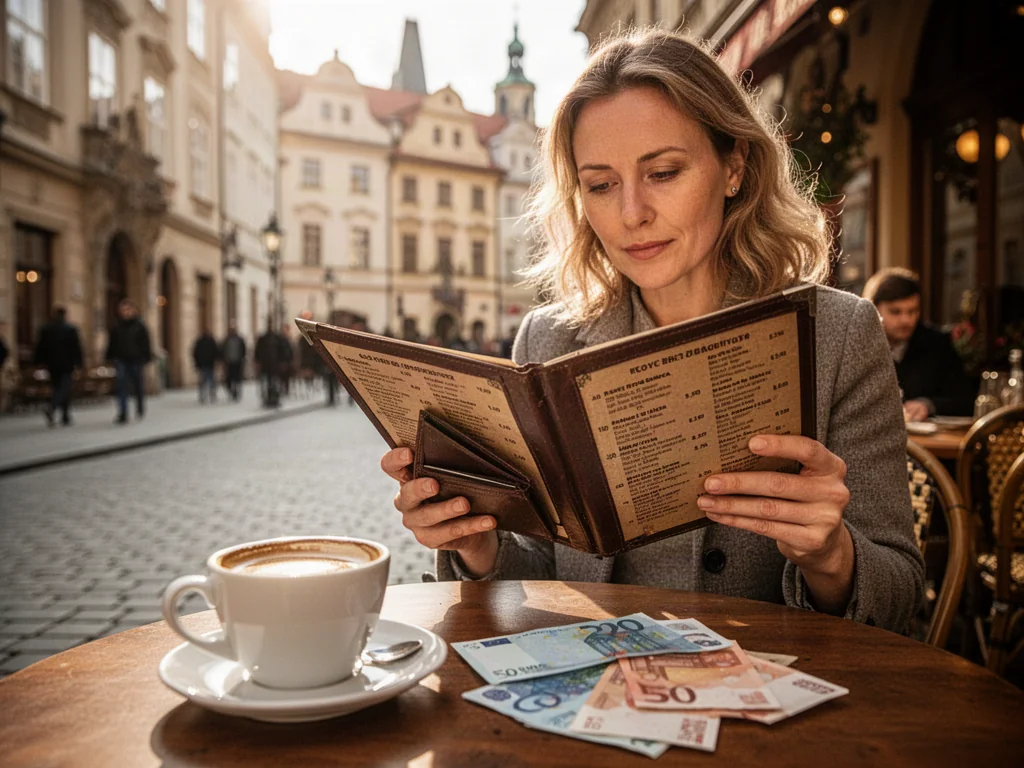 Turystka w praskiej kawiarni zastanawia się nad płatnością, mając na stole filiżankę kawy oraz banknoty euro.